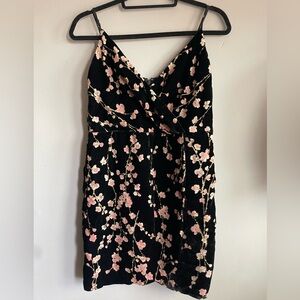 Lavender Brown Black Velvet Dress with Pink Floral Design